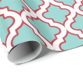 Aqua and Red Holiday marokkanische Quatrefolie Geschenkpapier (Rolleneckpunkt)