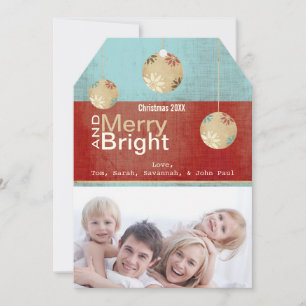 Aqua and Red Merry and Bright Family Photo Card Feiertagskarte