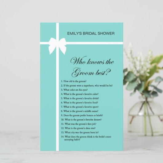 Aqua and Ribbon Brautparty Game PRINIERT (Stehend Vorderseite)