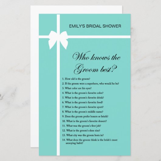 Aqua and Ribbon Brautparty Game PRINIERT (Vorne/Hinten)