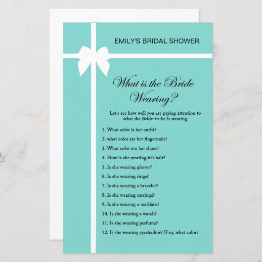 Aqua and Ribbon Brautparty Game PRINIERT (Vorne/Hinten)