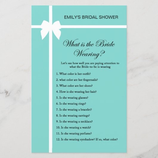 Aqua and Ribbon Brautparty Game PRINIERT (Vorderseite)