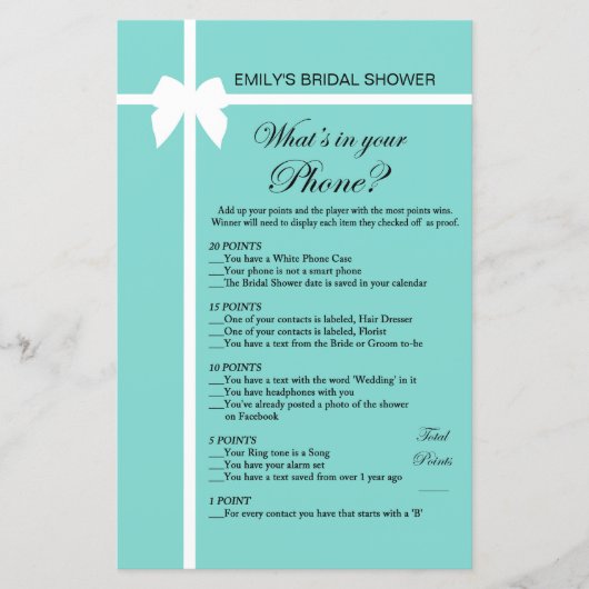 Aqua and Ribbon Brautparty Game PRINIERT (Vorderseite)