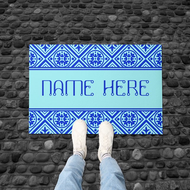 Aqua and Royal Blue Individuelle Name Modernes Des Fußmatte (Von Creator hochgeladen)