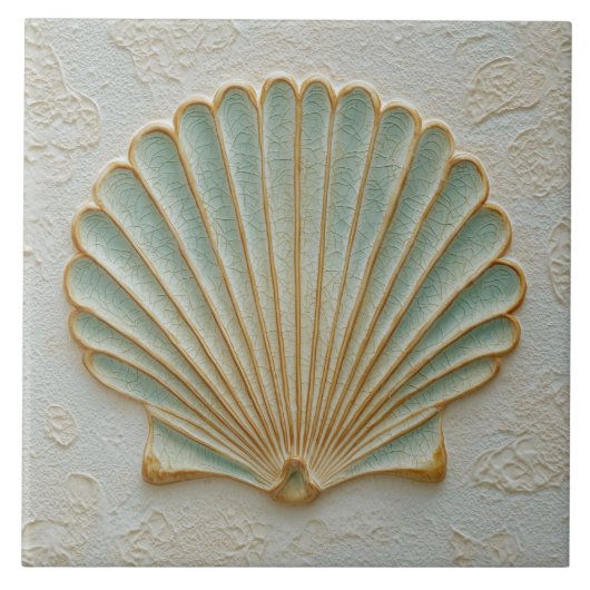 Aqua and Sand Coastal Scallop Shell Fliese (Vorderseite)