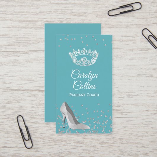 Aqua and Silver Pageant Coach Business Card Visitenkarte (Vorderseite/Rückseite Beispiel)