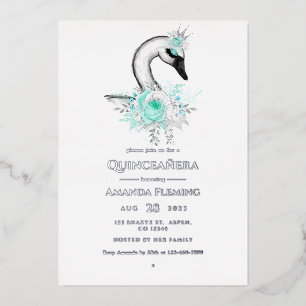 Aqua and Silver Swan Quinceañera Einladung