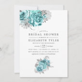 Aqua and Silver Vintag Shabby Rose Brautparty Einladung (Vorderseite)