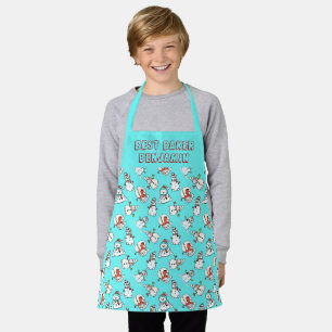 Aqua and White Snowman Pattern Kids Name Schürze