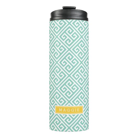 Aqua and Yellow Greece Key Monogram Thermosbecher (Vorderseite)