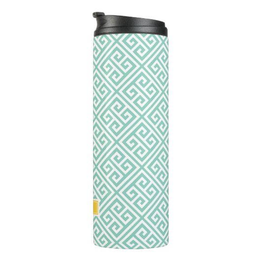 Aqua and Yellow Greece Key Monogram Thermosbecher (Nach rechts gedreht)