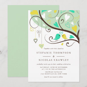 Aqua and Yellow Whimsical Lovebirds Wedding Einladung