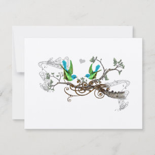 Aqua & Apple Green Vintag Love Birds Wedding RSVP Karte