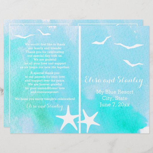 Aqua Aqua Aquarell, Hochzeitsprogramm für Seestern (Vorne/Hinten)