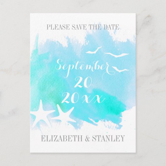 Aqua Aqua Aquarell, Seesternhochzeit Save the Date Ankündigungspostkarte (Vorderseite)