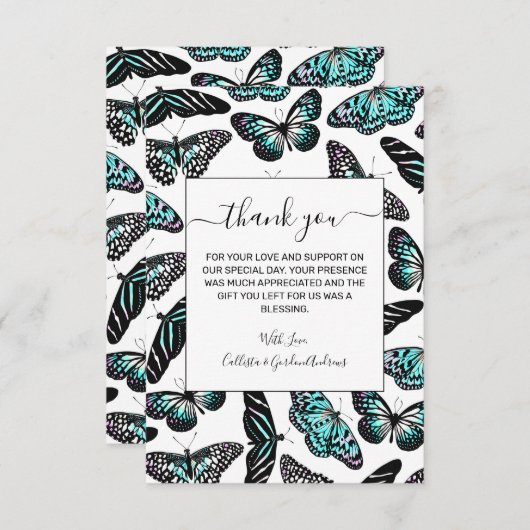 Aqua Aquamarin Black Butterfets Wasserfarben Muste Dankeskarte (Vorne/Hinten)
