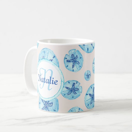 Aqua aquamarin-blau Sand Dollar Aquarell individue Kaffeetasse (Vorderseite Links)