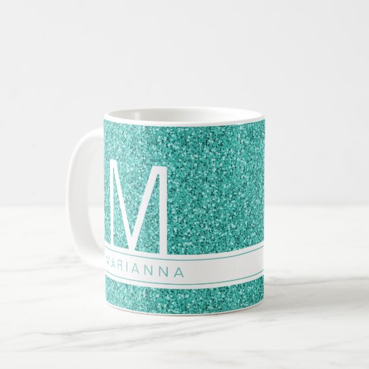 Aqua Aquamarin Blue Glitzer Monogram Individuelle Kaffeetasse (Vorderseite Links)