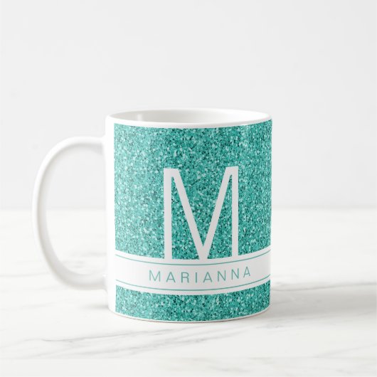 Aqua Aquamarin Blue Glitzer Monogram Individuelle Kaffeetasse (Links)