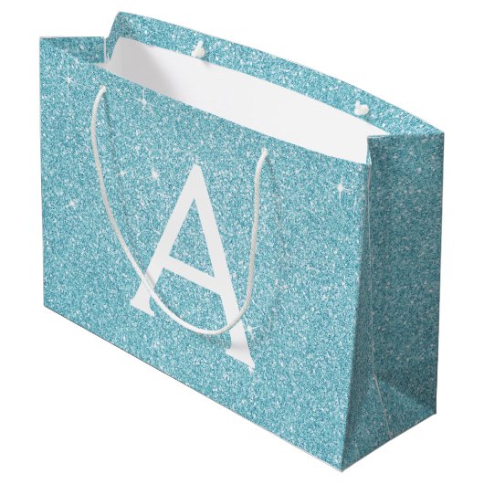 Aqua Aquamarin Blue Glitzer & Sparkle Monogram Große Geschenktüte (Rückseite Schrägansicht)