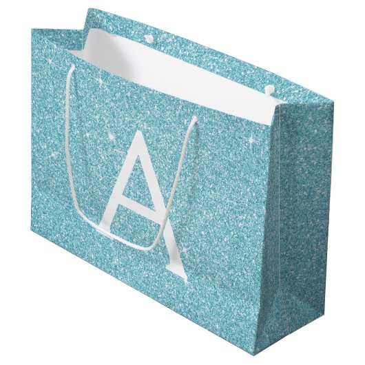 Aqua Aquamarin Blue Glitzer & Sparkle Monogram Große Geschenktüte (Vorderseite Schrägansicht)