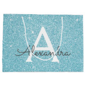 Aqua Aquamarin Blue Glitzer & Sparkle Monogram Große Geschenktüte (Rückseite)