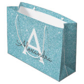 Aqua Aquamarin Blue Glitzer & Sparkle Monogram Große Geschenktüte (Rückseite Schrägansicht)
