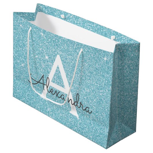 Aqua Aquamarin Blue Glitzer & Sparkle Monogram Große Geschenktüte (Vorderseite Schrägansicht)