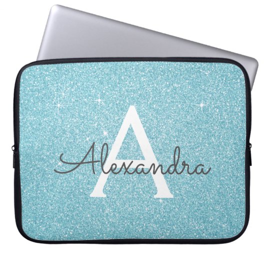 Aqua Aquamarin Blue Glitzer und Sparkle Monogram Laptopschutzhülle (Vorderseite)