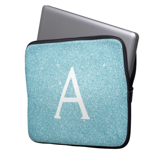 Aqua Aquamarin Blue Glitzer und Sparkle Monogram Laptopschutzhülle (Vorderseite Links)