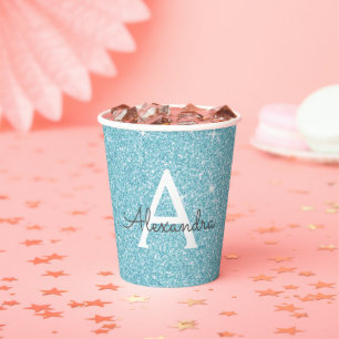 Aqua Aquamarin Blue Glitzer und Sparkle Monogram Pappbecher