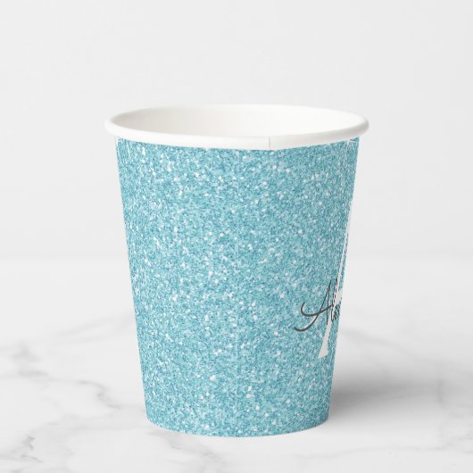 Aqua Aquamarin Blue Glitzer und Sparkle Monogram Pappbecher (Rechts)
