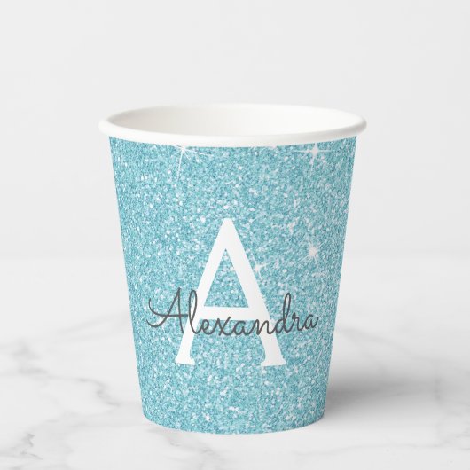 Aqua Aquamarin Blue Glitzer und Sparkle Monogram Pappbecher (Vorderseite)