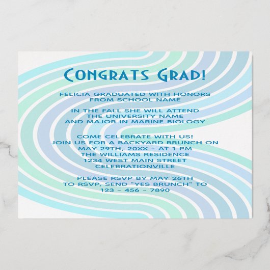 Aqua Aquamarin Blue Gold Foil Abschluss Ankündigun Folieneinladung (Rückseite)