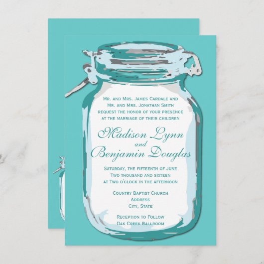 Aqua Aquamarin Blue Mason Jar Rustikale Hochzeit E Einladung (Vorne/Hinten)