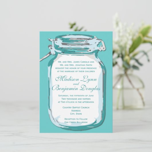 Aqua Aquamarin Blue Mason Jar Rustikale Hochzeit E Einladung (Stehend Vorderseite)