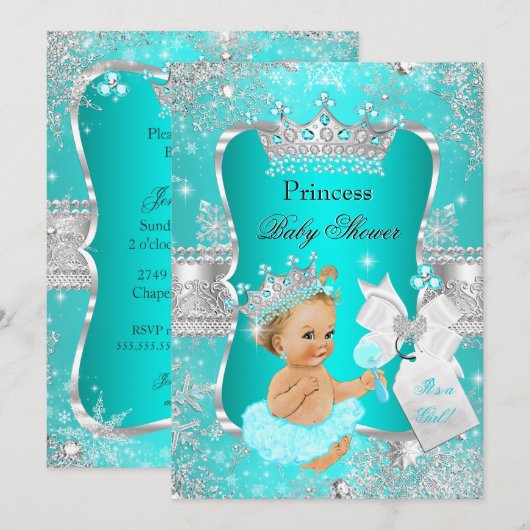Aqua Aquamarin Blue Princess Baby Dusche Blonde Gi Einladung (Vorne/Hinten)