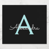 Aqua Aquamarin Blue Script Girly Monogram Name Bierflaschenetikett (Einzelnes Label)