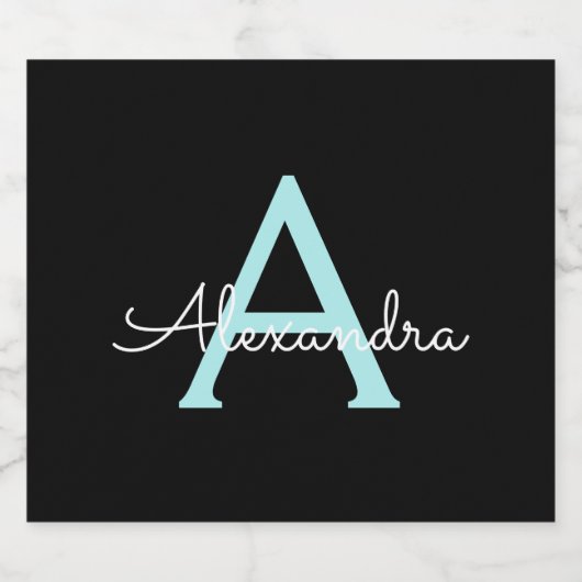 Aqua Aquamarin Blue Script Girly Monogram Name Bierflaschenetikett (Einzelnes Label)