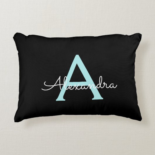 Aqua Aquamarin Blue Script Girly Monogram Name Dekokissen (Vorderseite)