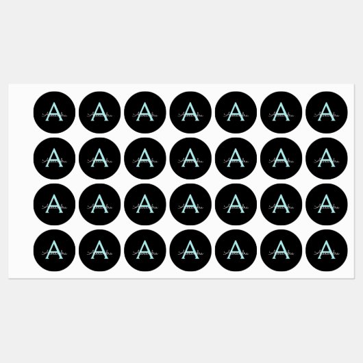 Aqua Aquamarin Blue Script Girly Monogram Name Etiketten (Blatt)