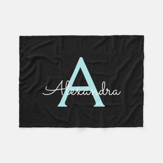 Aqua Aquamarin Blue Script Girly Monogram Name Fleecedecke (Vorderseite (Horizontal))