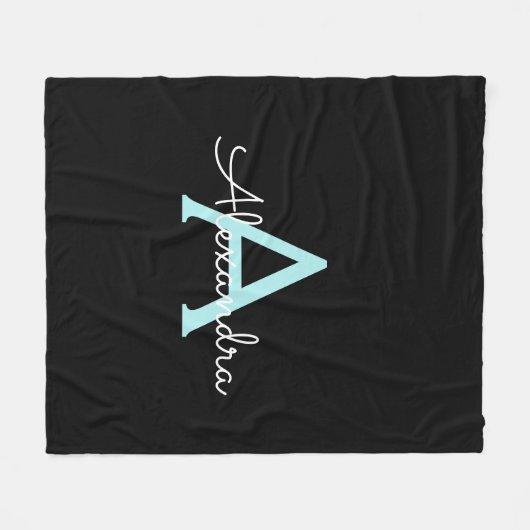 Aqua Aquamarin Blue Script Girly Monogram Name Fleecedecke (Vorderseite (Horizontal))