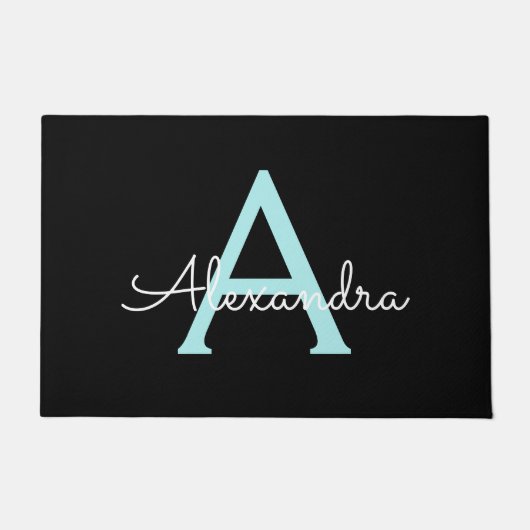 Aqua Aquamarin Blue Script Girly Monogram Name Fußmatte (Vorderseite)