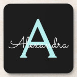 Aqua Aquamarin Blue Script Girly Monogram Name Getränkeuntersetzer<br><div class="desc">Black und Aqua Blue Aquamarin einfache Skriptmonogramm Name Paper Untersetzer. Dies macht den perfekten Abschluss,  Geburtstag,  Hochzeit,  Brautparty,  Jubiläum,  Babydusche oder Junggeselinnen-Abschied Geschenk für jemanden,  die Lieben glamourösen Luxus und schicke Stile.</div>