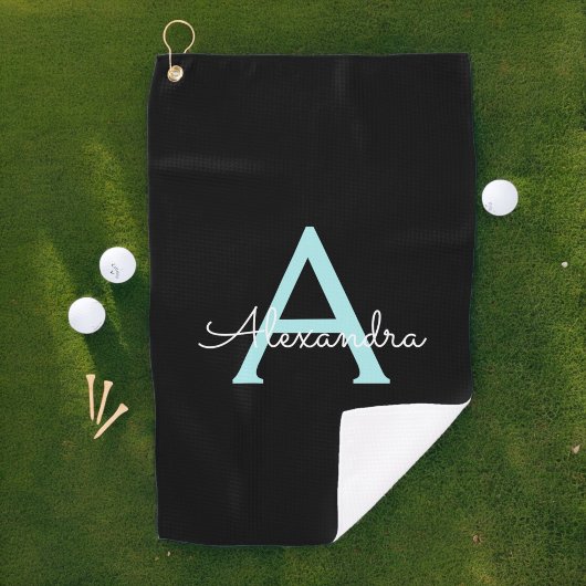 Aqua Aquamarin Blue Script Girly Monogram Name Golfhandtuch