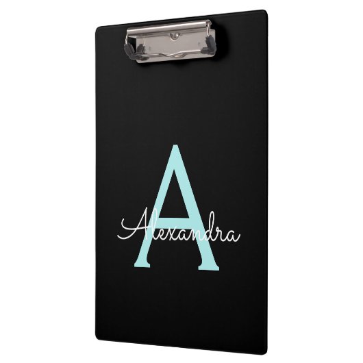 Aqua Aquamarin Blue Script Girly Monogram Name Klemmbrett (Links)