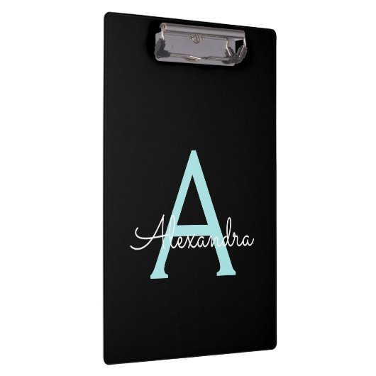 Aqua Aquamarin Blue Script Girly Monogram Name Klemmbrett (Rechts)