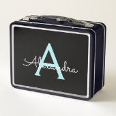 Aqua Aquamarin Blue Script Girly Monogram Name Metall Brotdose (Rückseite)