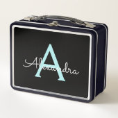 Aqua Aquamarin Blue Script Girly Monogram Name Metall Brotdose (Vorderseite)
